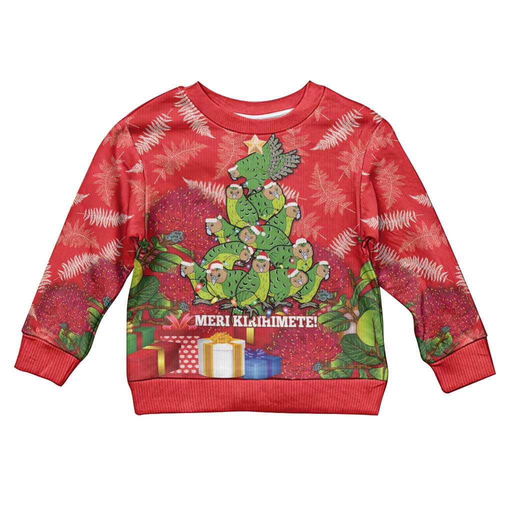 Kakapo New Zealand Christmas Kid Ugly Christmas Sweater Meri Kirihimete Pohutukawa - Red Color