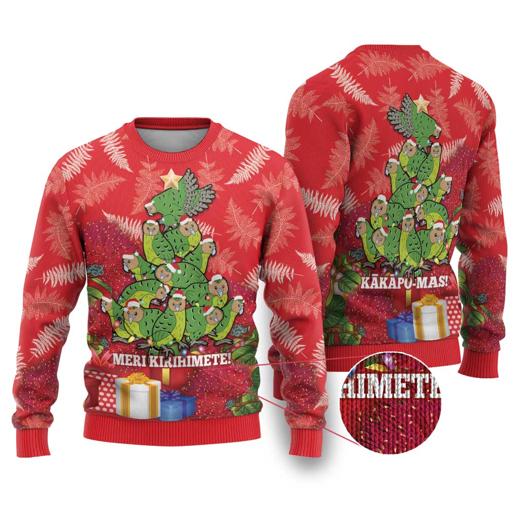 Kakapo New Zealand Christmas Ugly Christmas Sweater Meri Kirihimete Pohutukawa - Red Color