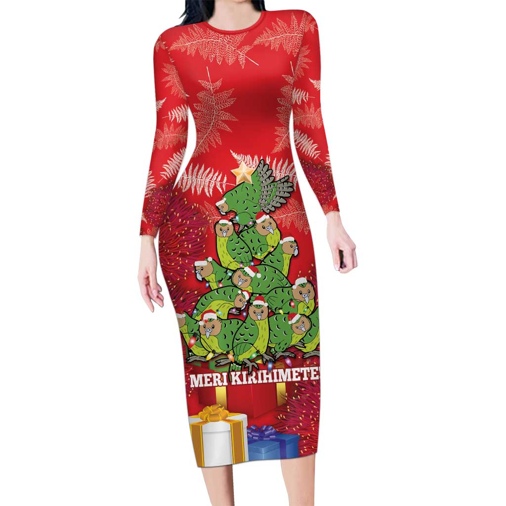 Kakapo New Zealand Christmas Long Sleeve Bodycon Dress Meri Kirihimete Pohutukawa - Red Color