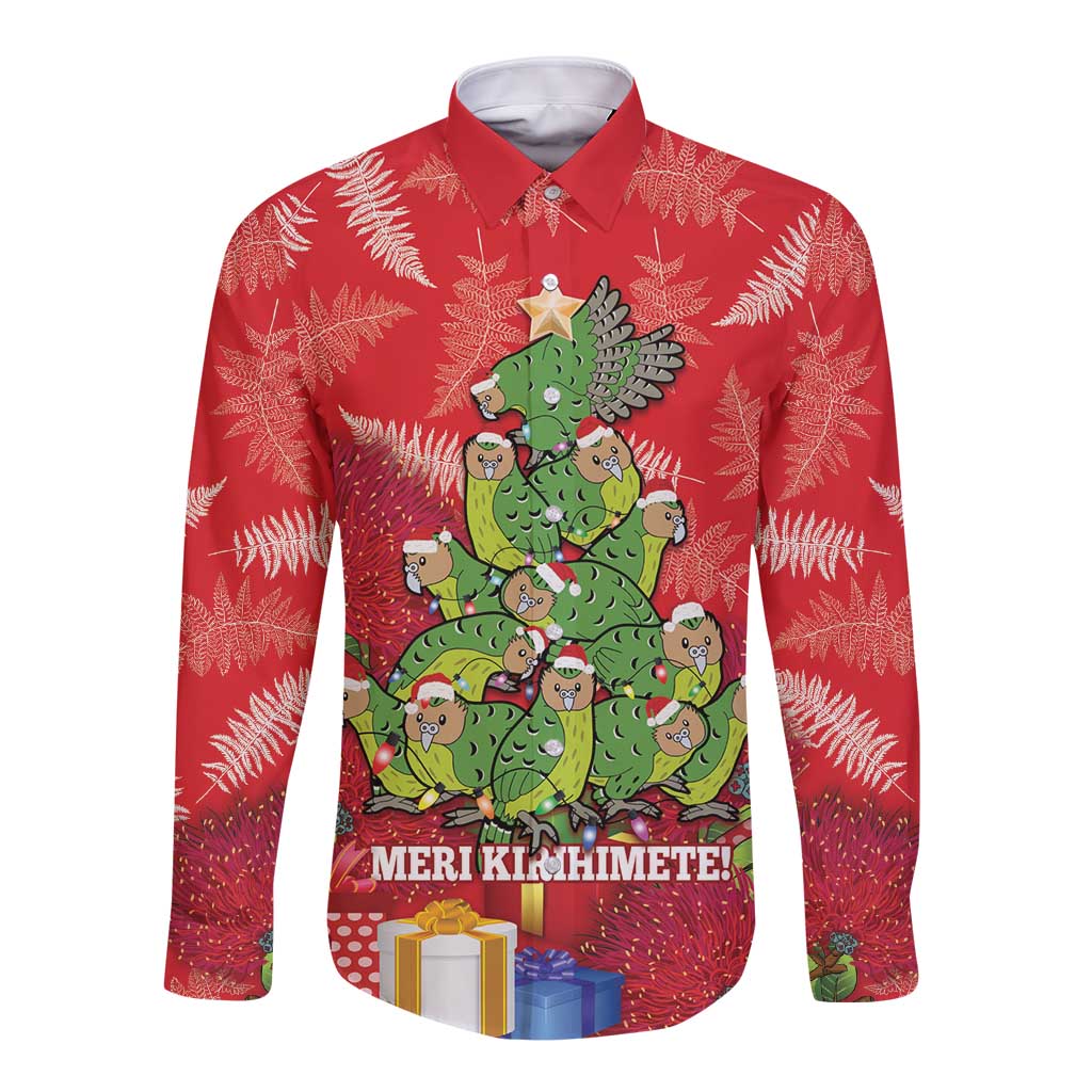 Kakapo New Zealand Christmas Long Sleeve Button Shirt Meri Kirihimete Pohutukawa - Red Color