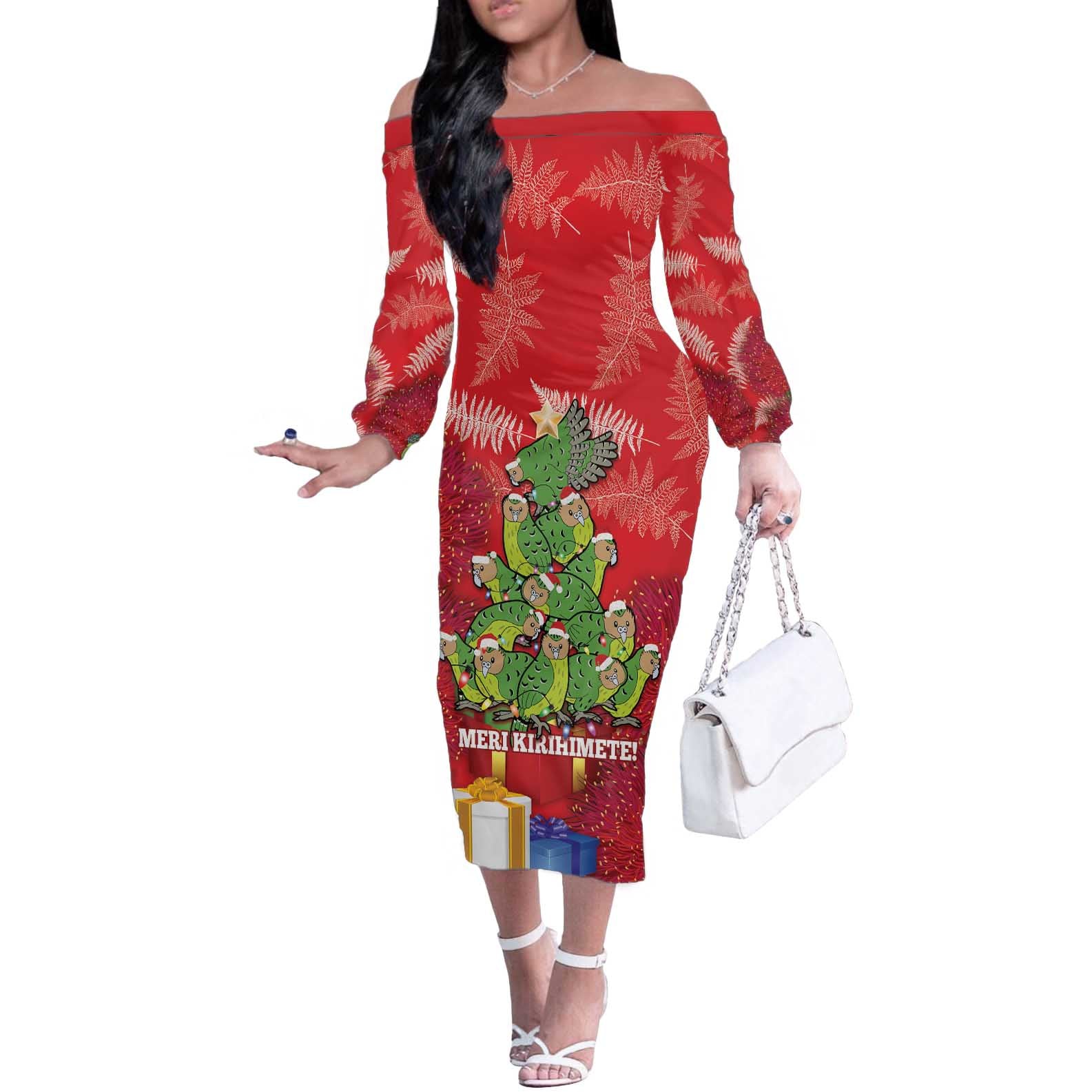 Kakapo New Zealand Christmas Off The Shoulder Long Sleeve Dress Meri Kirihimete Pohutukawa - Red Color