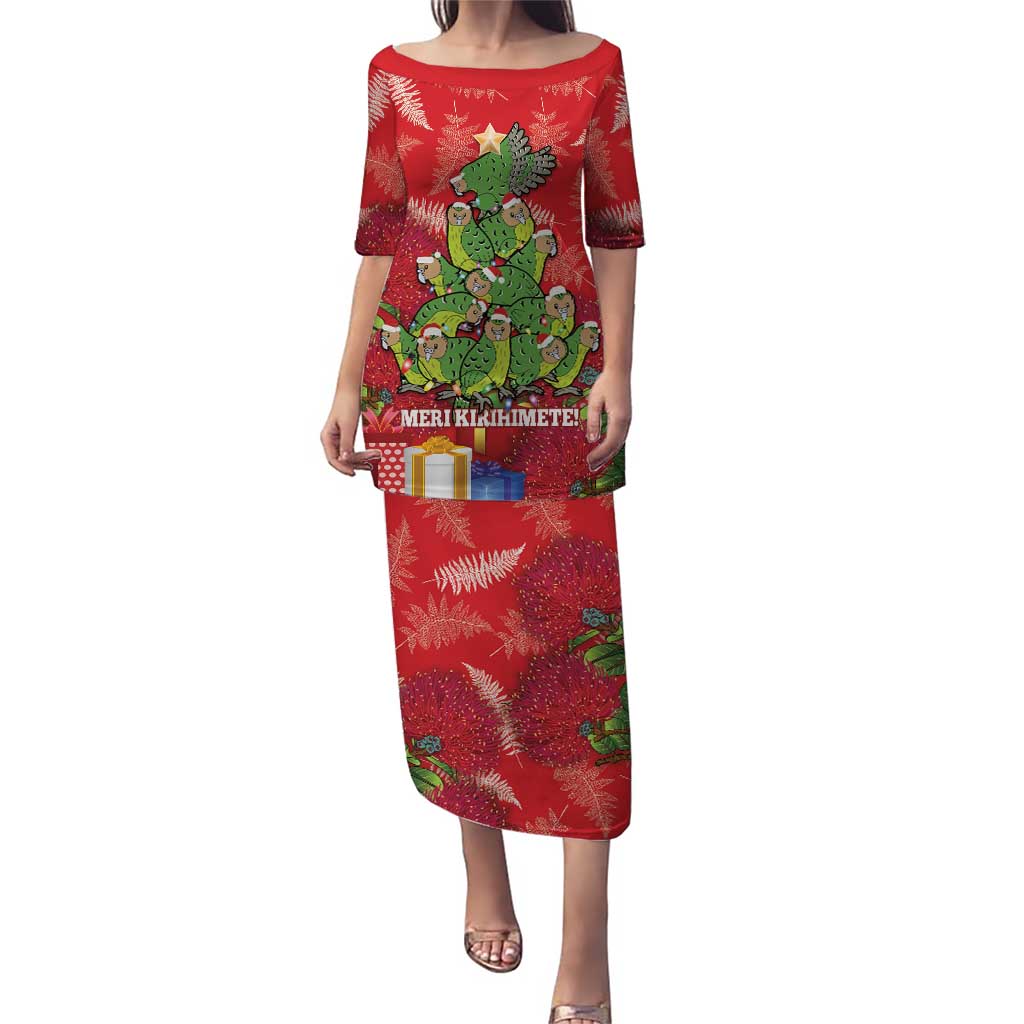 Kakapo New Zealand Christmas Puletasi Meri Kirihimete Pohutukawa - Red Color LT14 Long Dress Red - Polynesian Pride