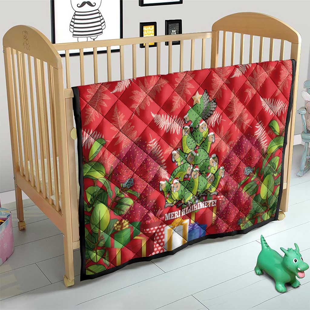 Kakapo New Zealand Christmas Quilt Meri Kirihimete Pohutukawa - Red Color