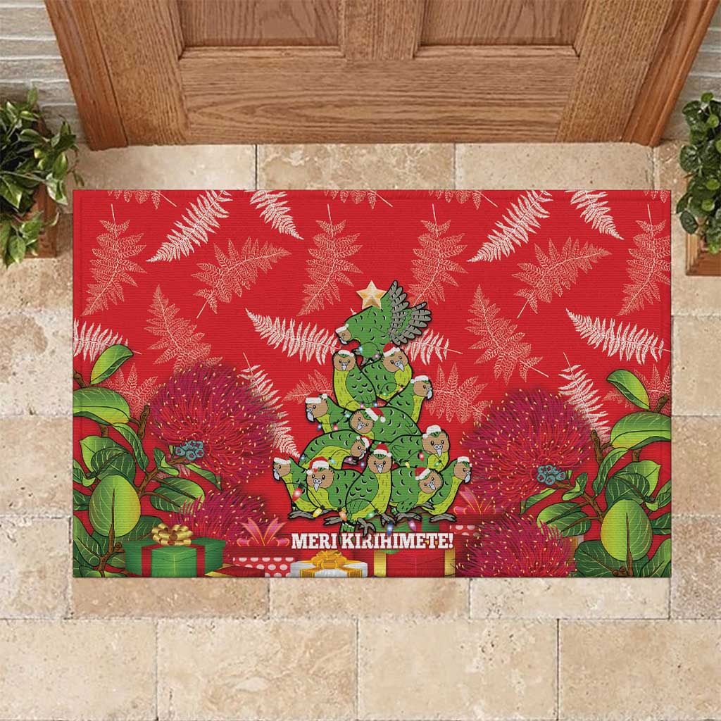 Kakapo New Zealand Christmas Rubber Doormat Meri Kirihimete Pohutukawa - Red Color LT14 Red - Polynesian Pride