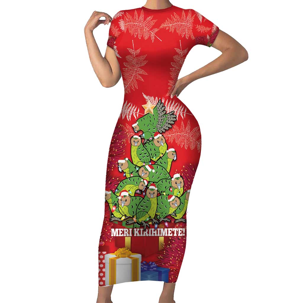 Kakapo New Zealand Christmas Short Sleeve Bodycon Dress Meri Kirihimete Pohutukawa - Red Color