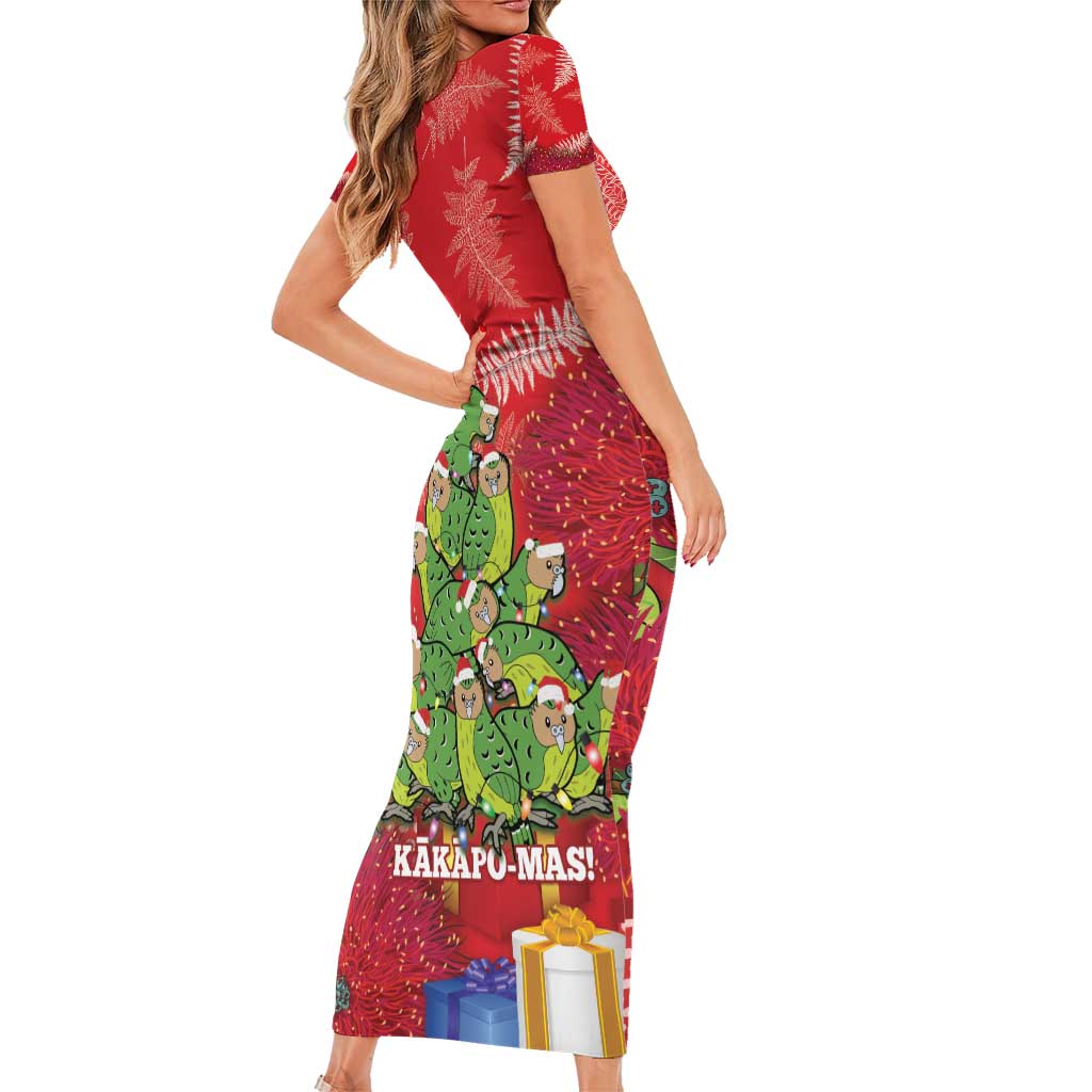 Kakapo New Zealand Christmas Short Sleeve Bodycon Dress Meri Kirihimete Pohutukawa - Red Color