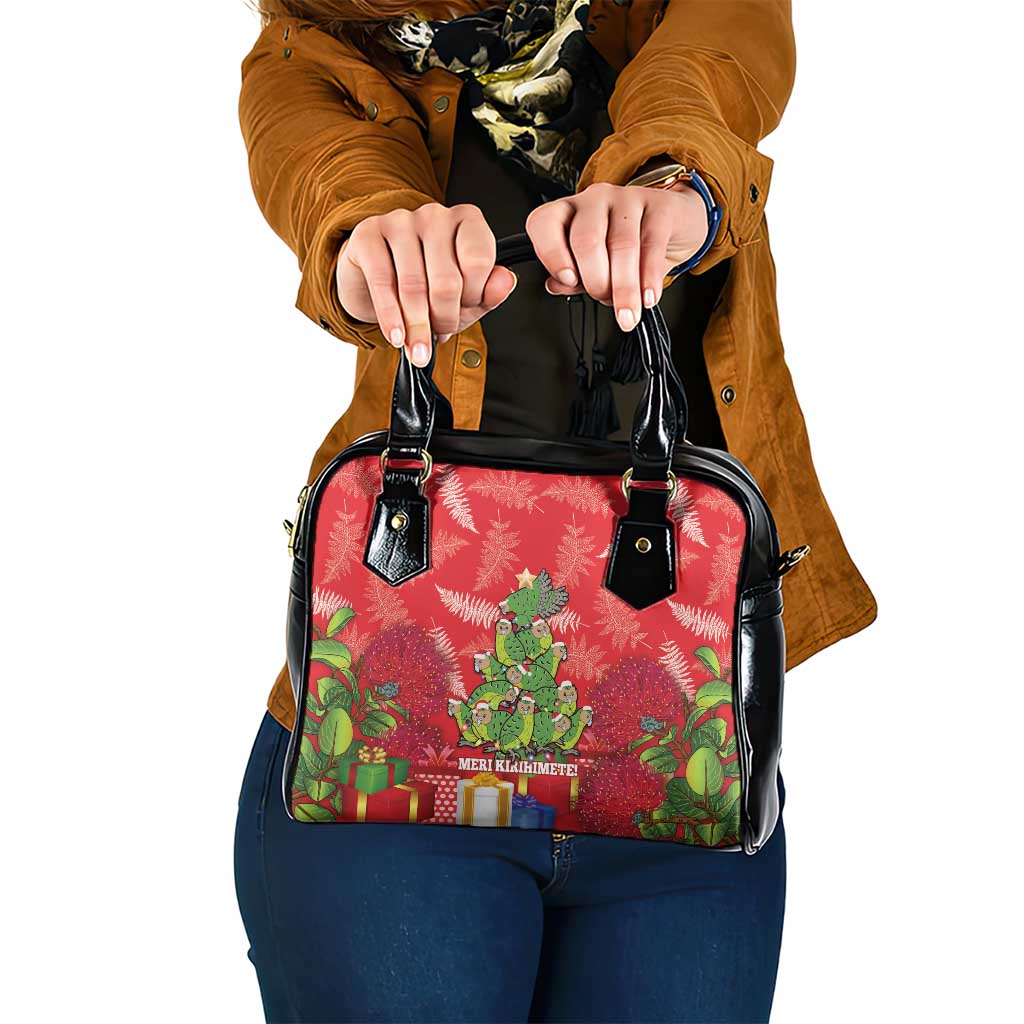 Kakapo New Zealand Christmas Shoulder Handbag Meri Kirihimete Pohutukawa - Red Color