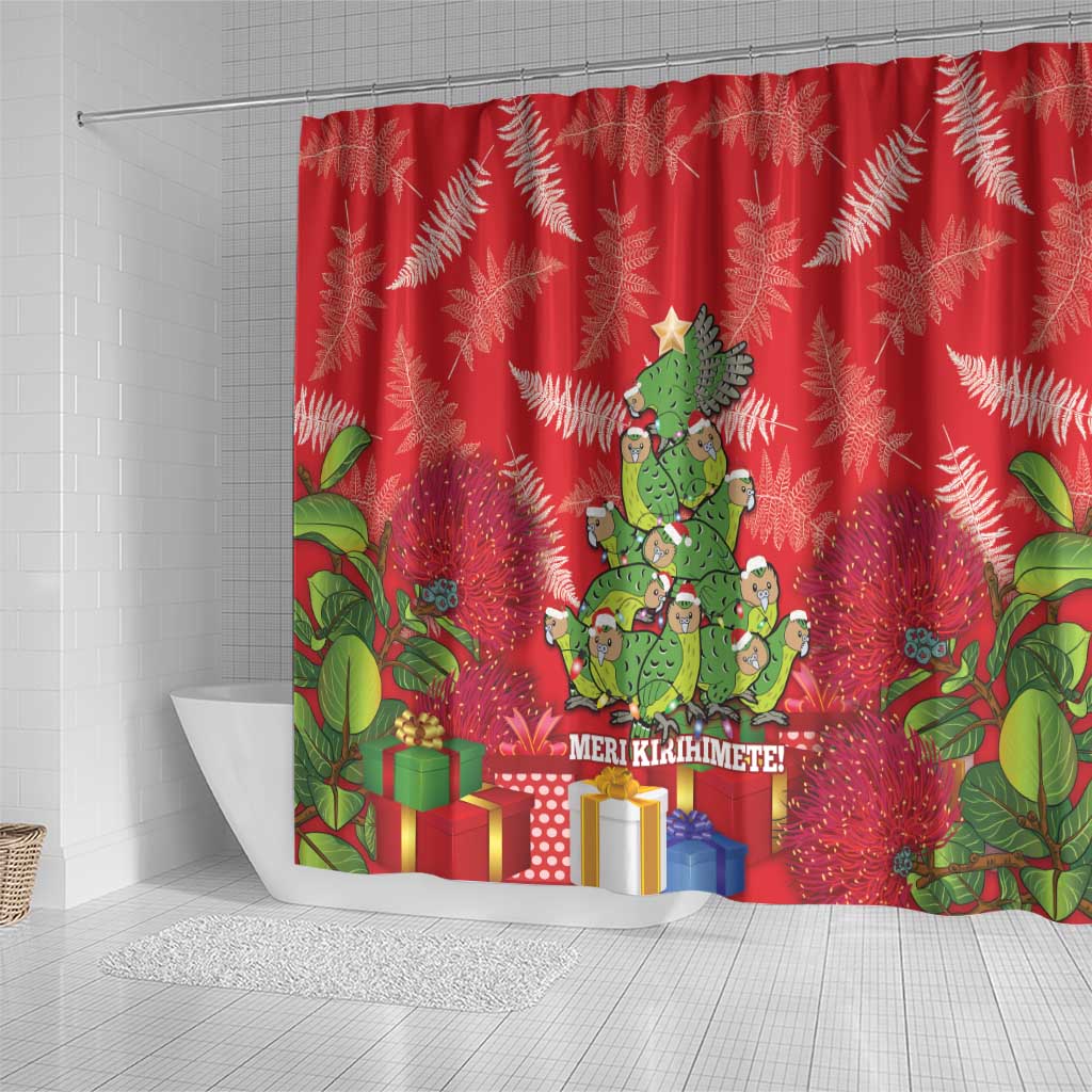 Kakapo New Zealand Christmas Shower Curtain Meri Kirihimete Pohutukawa - Red Color