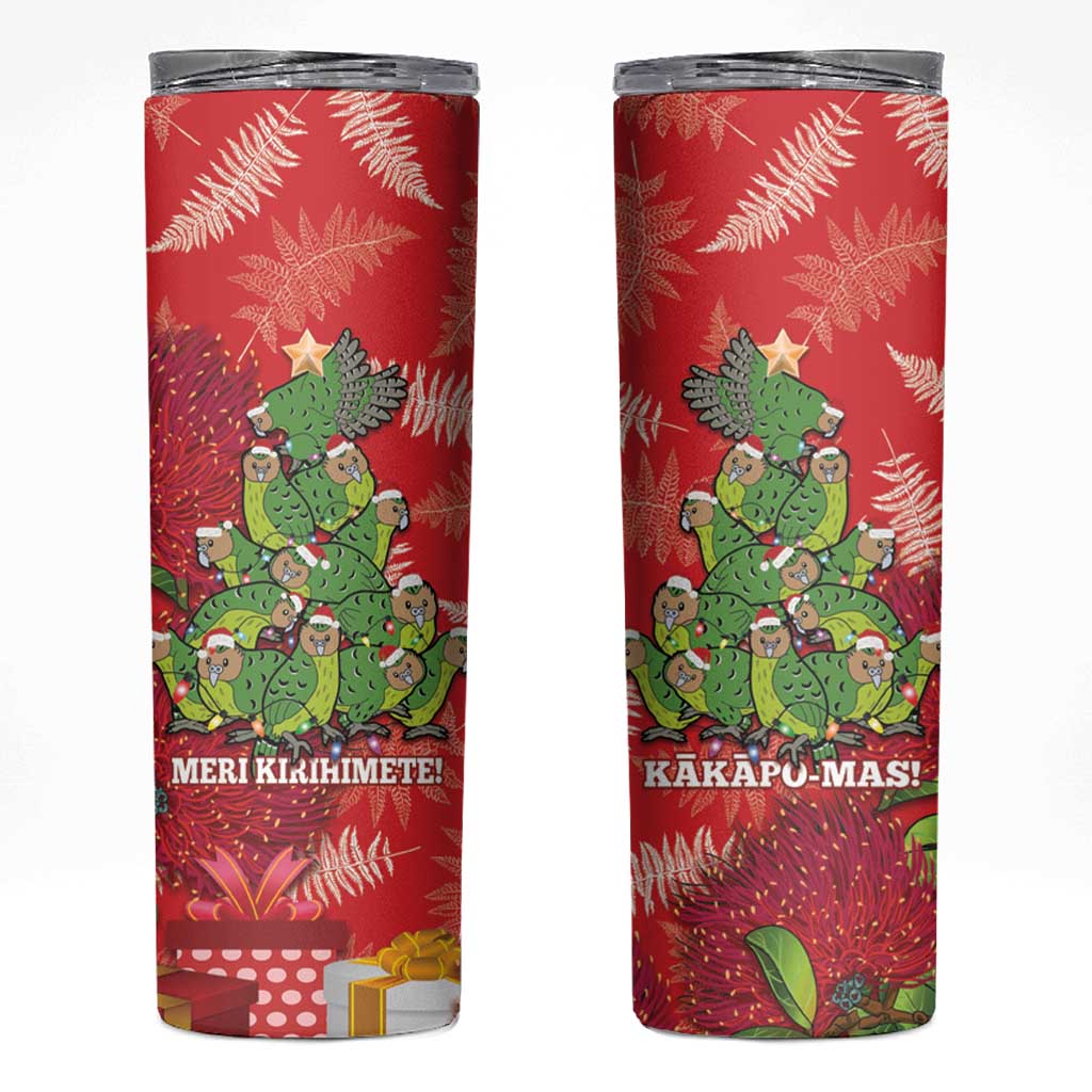 Kakapo New Zealand Christmas Skinny Tumbler Meri Kirihimete Pohutukawa - Red Color