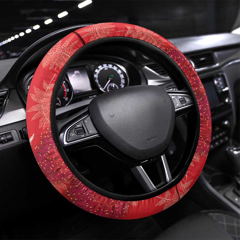 Kakapo New Zealand Christmas Steering Wheel Cover Meri Kirihimete Pohutukawa - Red Color