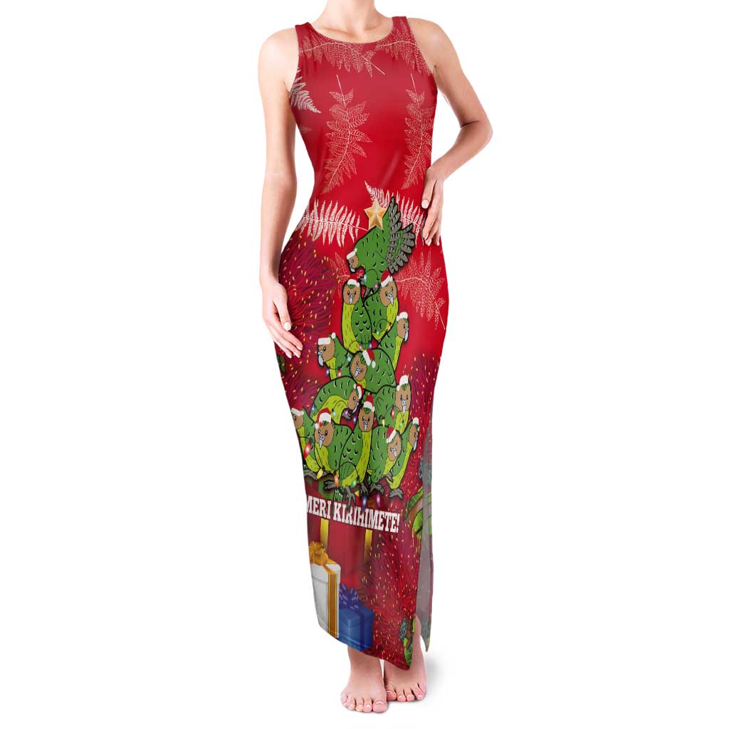 Kakapo New Zealand Christmas Tank Maxi Dress Meri Kirihimete Pohutukawa - Red Color