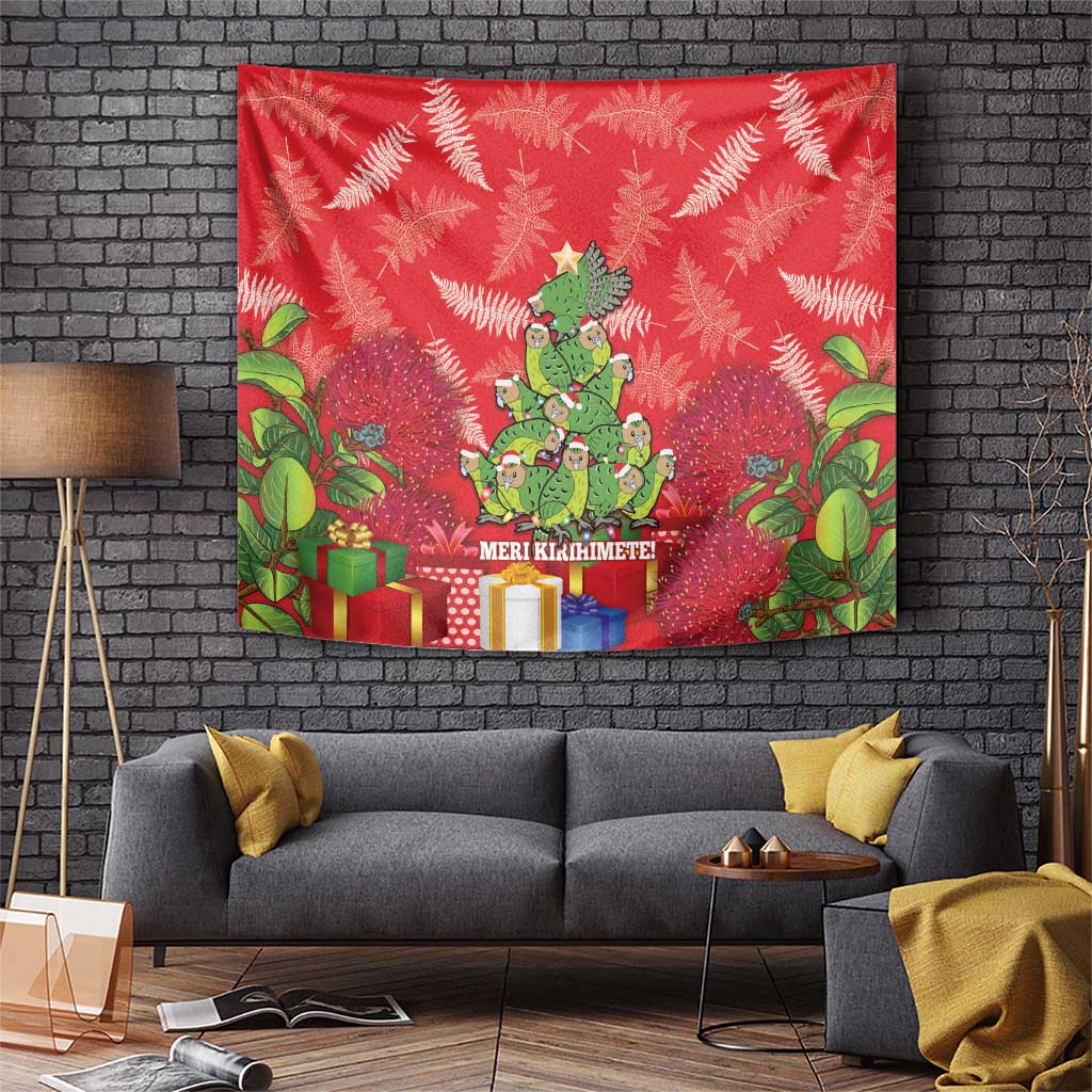 Kakapo New Zealand Christmas Tapestry Meri Kirihimete Pohutukawa - Red Color