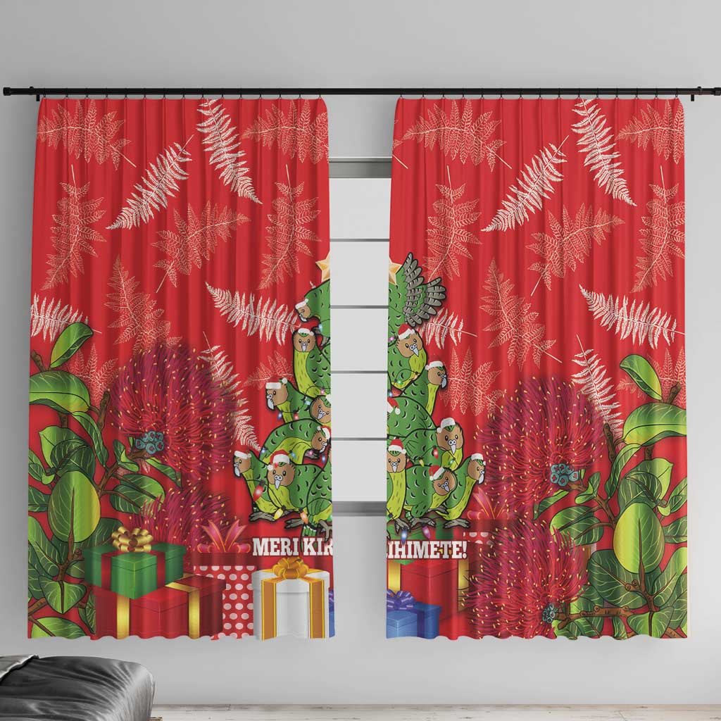 Kakapo New Zealand Christmas Window Curtain Meri Kirihimete Pohutukawa - Red Color