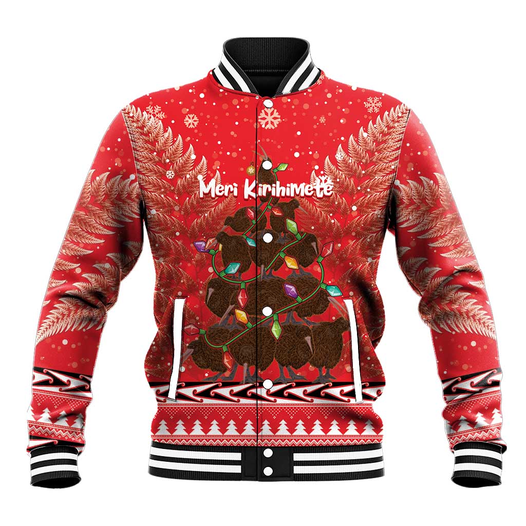 Kiwi New Zealand Christmas Baseball Jacket Meri Kirihimete Silver Fern - Red Color LT14 Unisex Red - Polynesian Pride