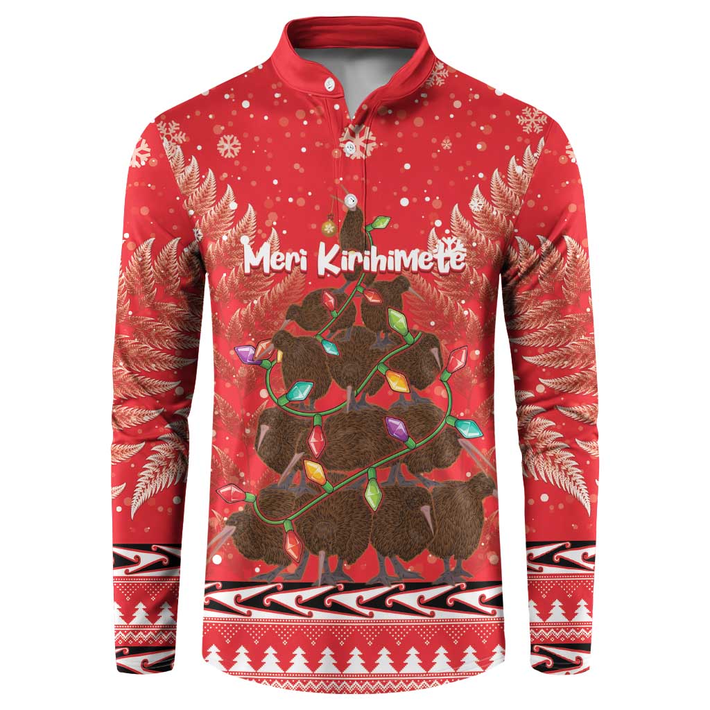 Kiwi New Zealand Christmas Button Sweatshirt Meri Kirihimete Silver Fern - Red Color LT14 Red - Polynesian Pride