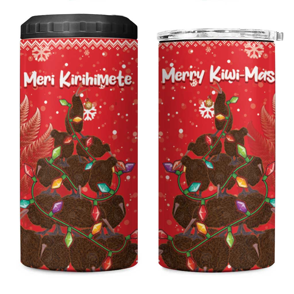 Kiwi New Zealand Christmas 4 in 1 Can Cooler Tumbler Meri Kirihimete Silver Fern - Red Color