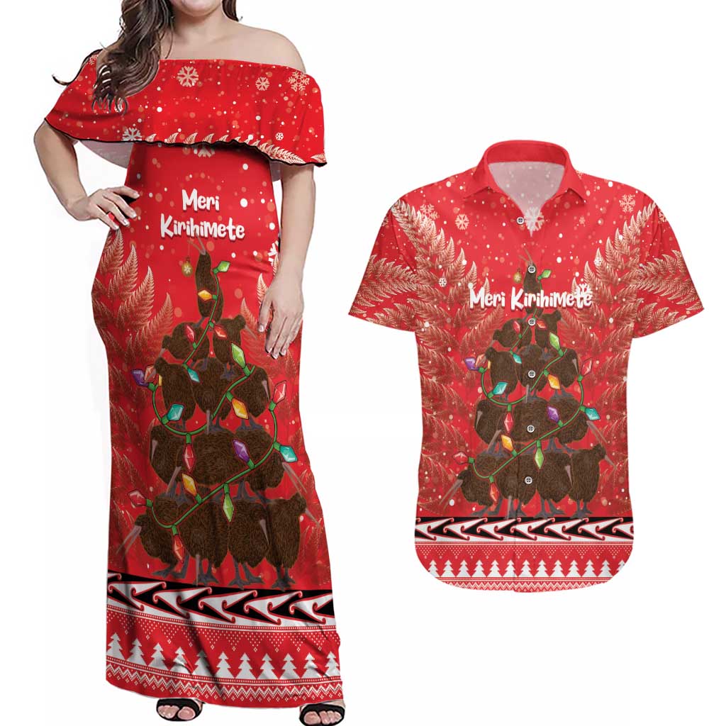 Kiwi New Zealand Christmas Couples Matching Off Shoulder Maxi Dress and Hawaiian Shirt Meri Kirihimete Silver Fern - Red Color