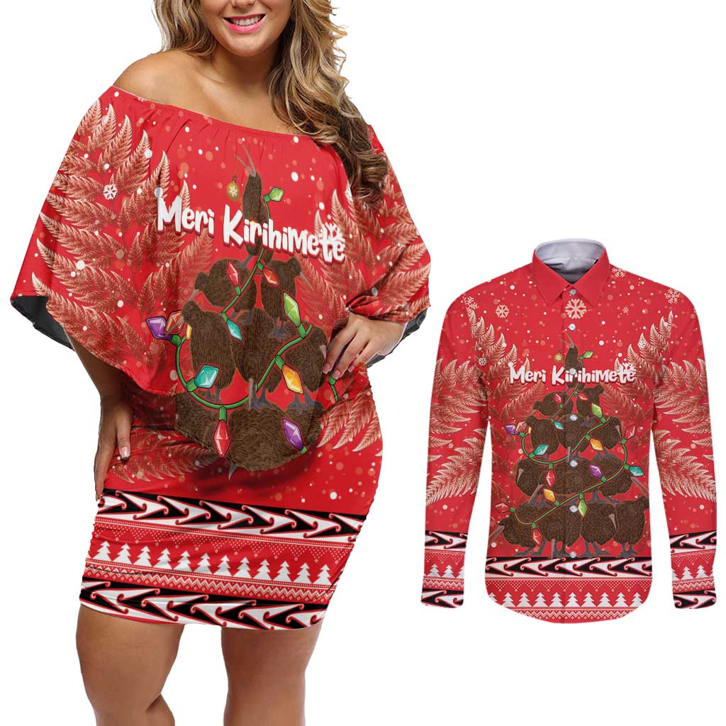 Kiwi New Zealand Christmas Couples Matching Off Shoulder Short Dress and Long Sleeve Button Shirt Meri Kirihimete Silver Fern - Red Color