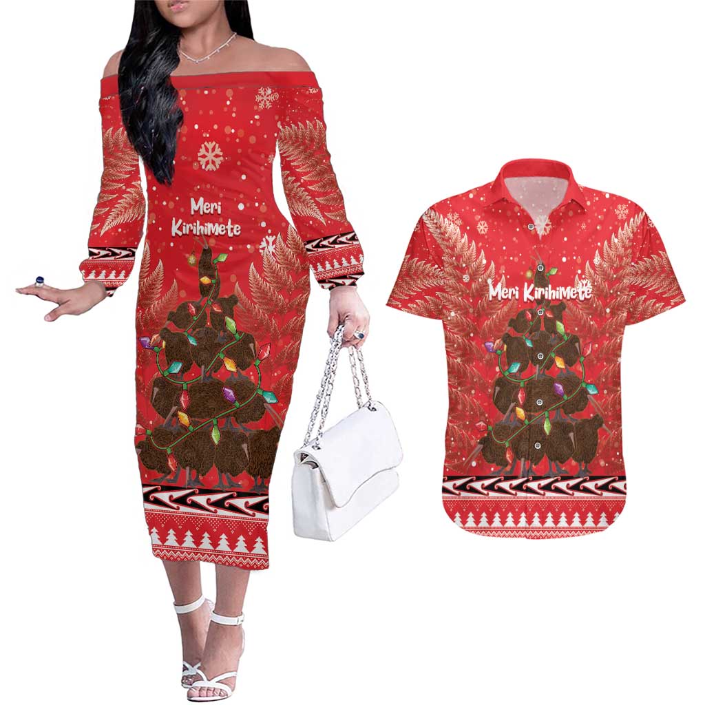 Kiwi New Zealand Christmas Couples Matching Off The Shoulder Long Sleeve Dress and Hawaiian Shirt Meri Kirihimete Silver Fern - Red Color