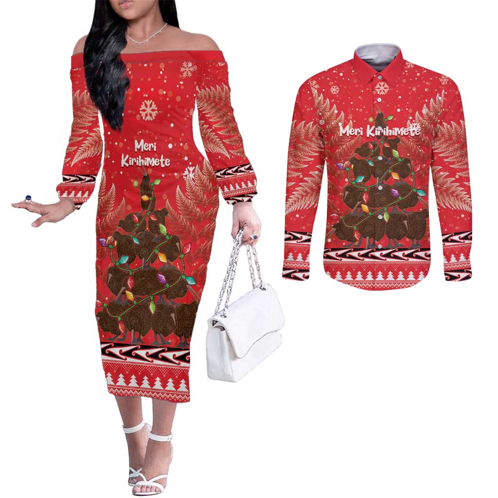 Kiwi New Zealand Christmas Couples Matching Off The Shoulder Long Sleeve Dress and Long Sleeve Button Shirt Meri Kirihimete Silver Fern - Red Color