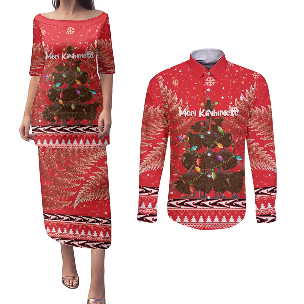 Kiwi New Zealand Christmas Couples Matching Puletasi and Long Sleeve Button Shirt Meri Kirihimete Silver Fern - Red Color LT14 Red - Polynesian Pride
