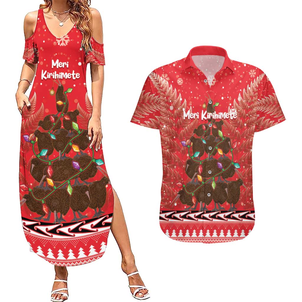 Kiwi New Zealand Christmas Couples Matching Summer Maxi Dress and Hawaiian Shirt Meri Kirihimete Silver Fern - Red Color LT14 Red - Polynesian Pride