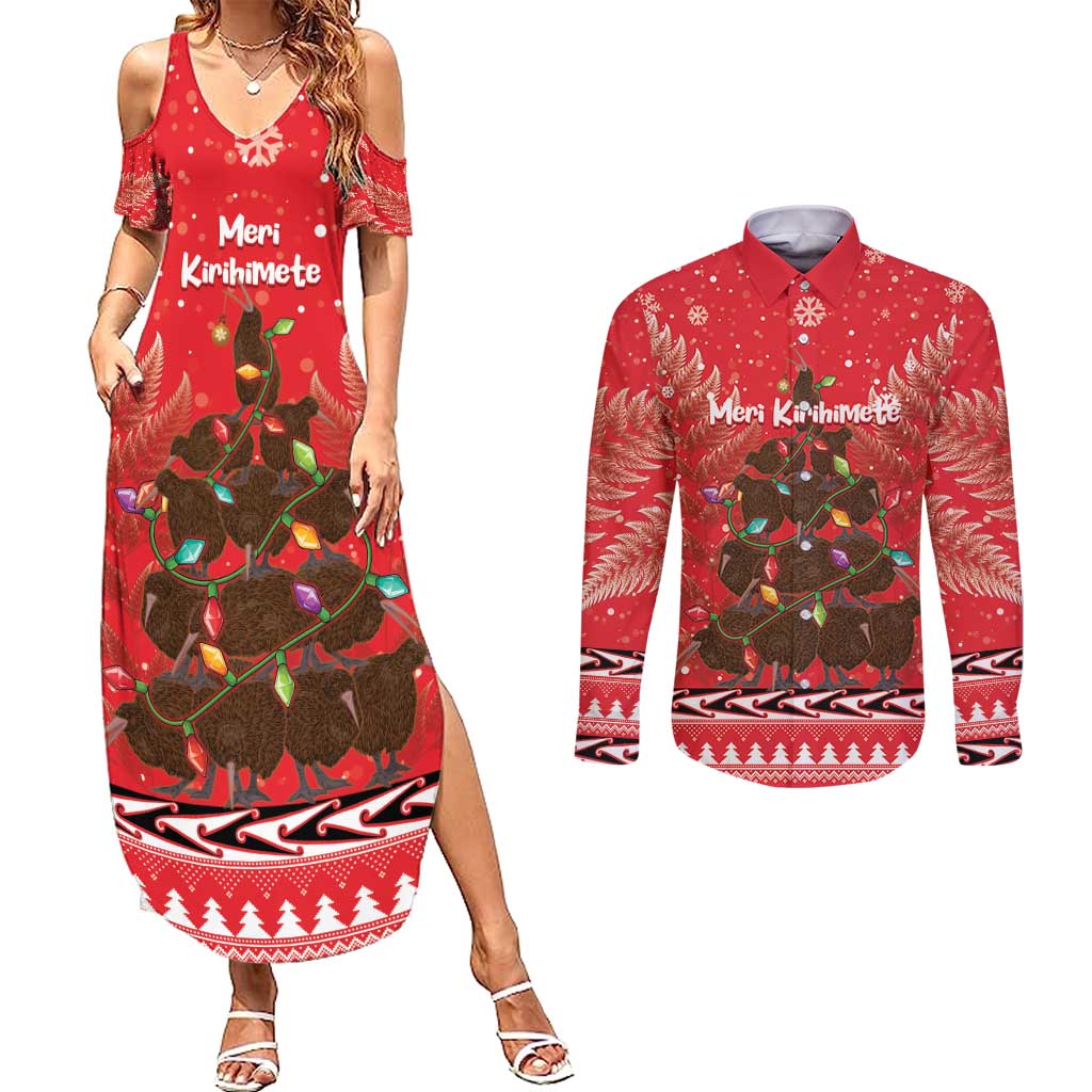 Kiwi New Zealand Christmas Couples Matching Summer Maxi Dress and Long Sleeve Button Shirt Meri Kirihimete Silver Fern - Red Color LT14 Red - Polynesian Pride