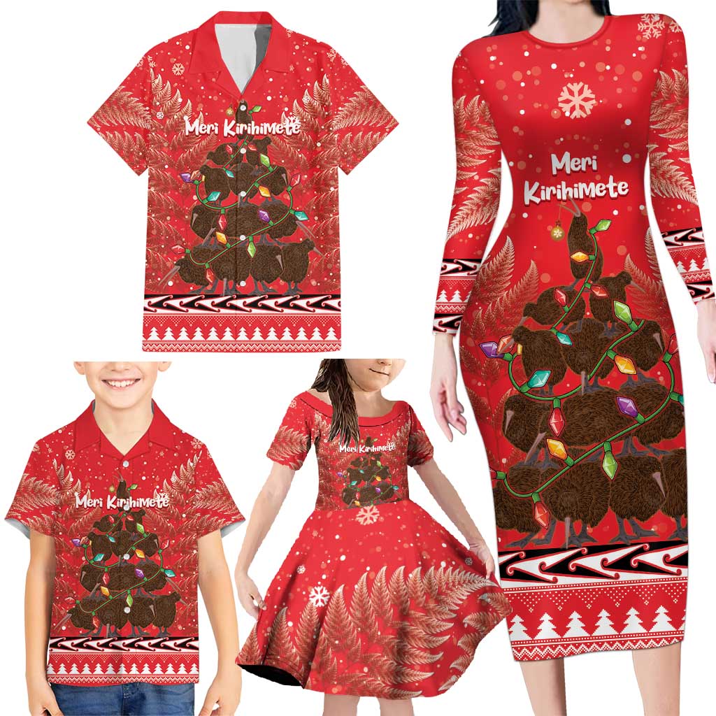 Kiwi New Zealand Christmas Family Matching Long Sleeve Bodycon Dress and Hawaiian Shirt Meri Kirihimete Silver Fern - Red Color