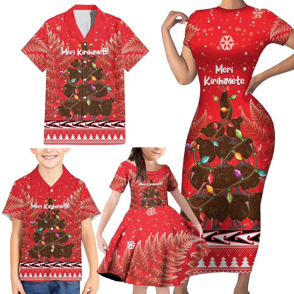 Kiwi New Zealand Christmas Family Matching Short Sleeve Bodycon Dress and Hawaiian Shirt Meri Kirihimete Silver Fern - Red Color