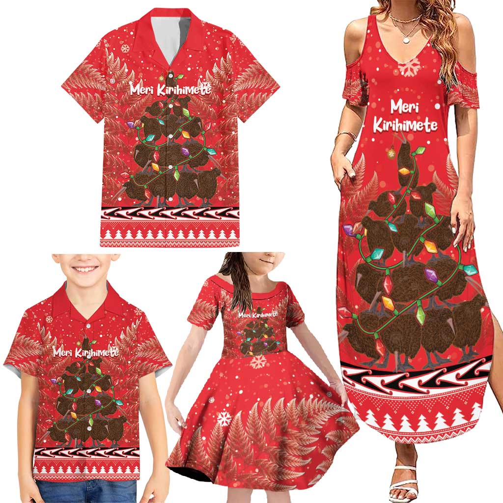 Kiwi New Zealand Christmas Family Matching Summer Maxi Dress and Hawaiian Shirt Meri Kirihimete Silver Fern - Red Color