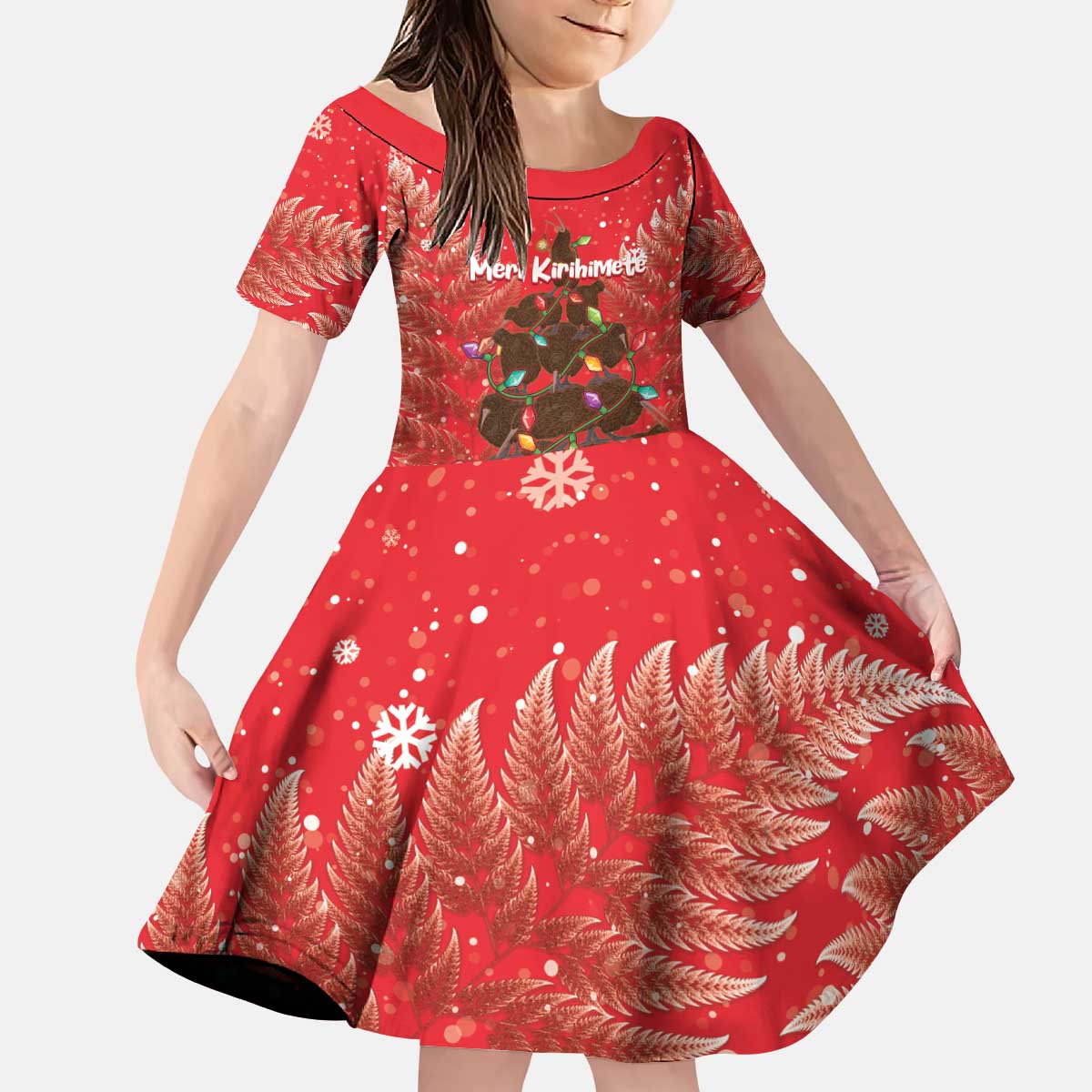 Kiwi New Zealand Christmas Kid Short Sleeve Dress Meri Kirihimete Silver Fern - Red Color