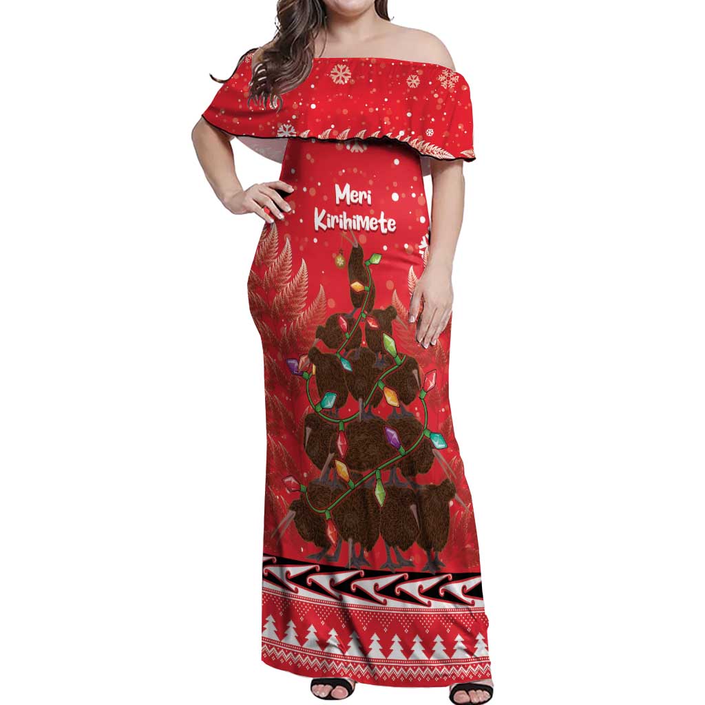 Kiwi New Zealand Christmas Off Shoulder Maxi Dress Meri Kirihimete Silver Fern - Red Color