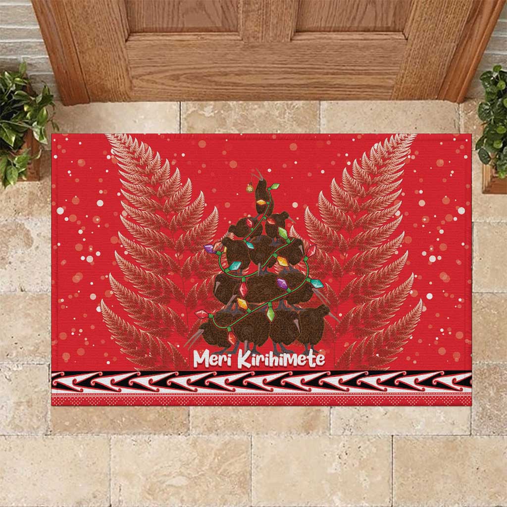 Kiwi New Zealand Christmas Rubber Doormat Meri Kirihimete Silver Fern - Red Color LT14 Red - Polynesian Pride