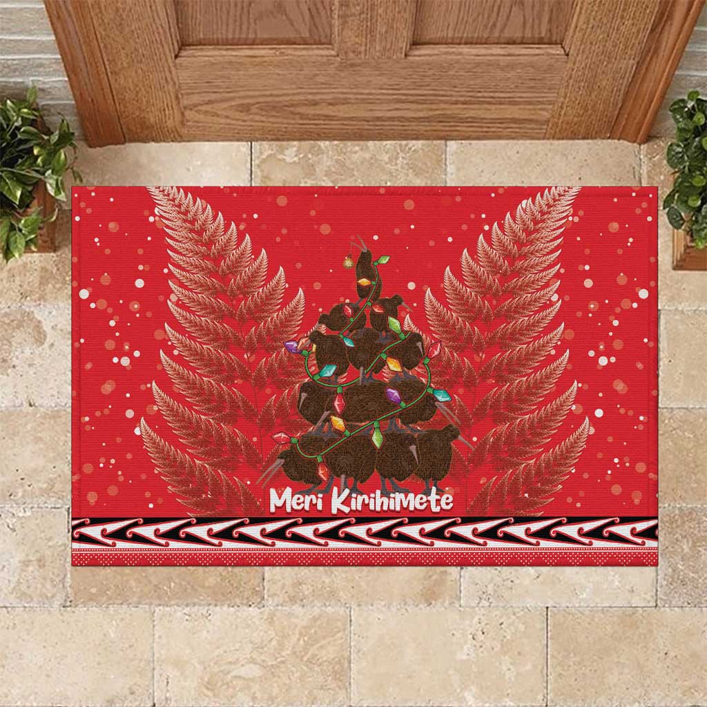 Kiwi New Zealand Christmas Rubber Doormat Meri Kirihimete Silver Fern - Red Color