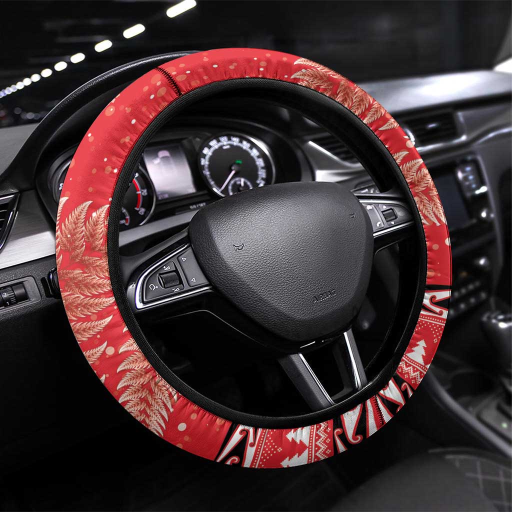 Kiwi New Zealand Christmas Steering Wheel Cover Meri Kirihimete Silver Fern - Red Color