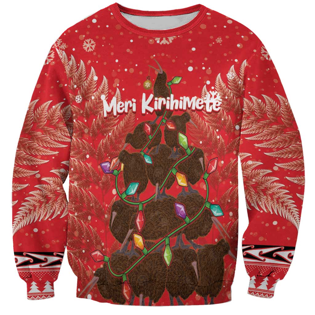 Kiwi New Zealand Christmas Sweatshirt Meri Kirihimete Silver Fern - Red Color