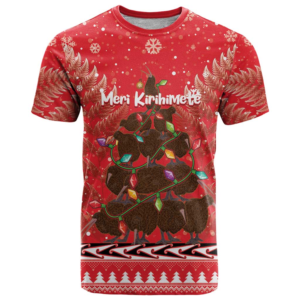 Kiwi New Zealand Christmas T Shirt Meri Kirihimete Silver Fern - Red Color LT14 Red - Polynesian Pride