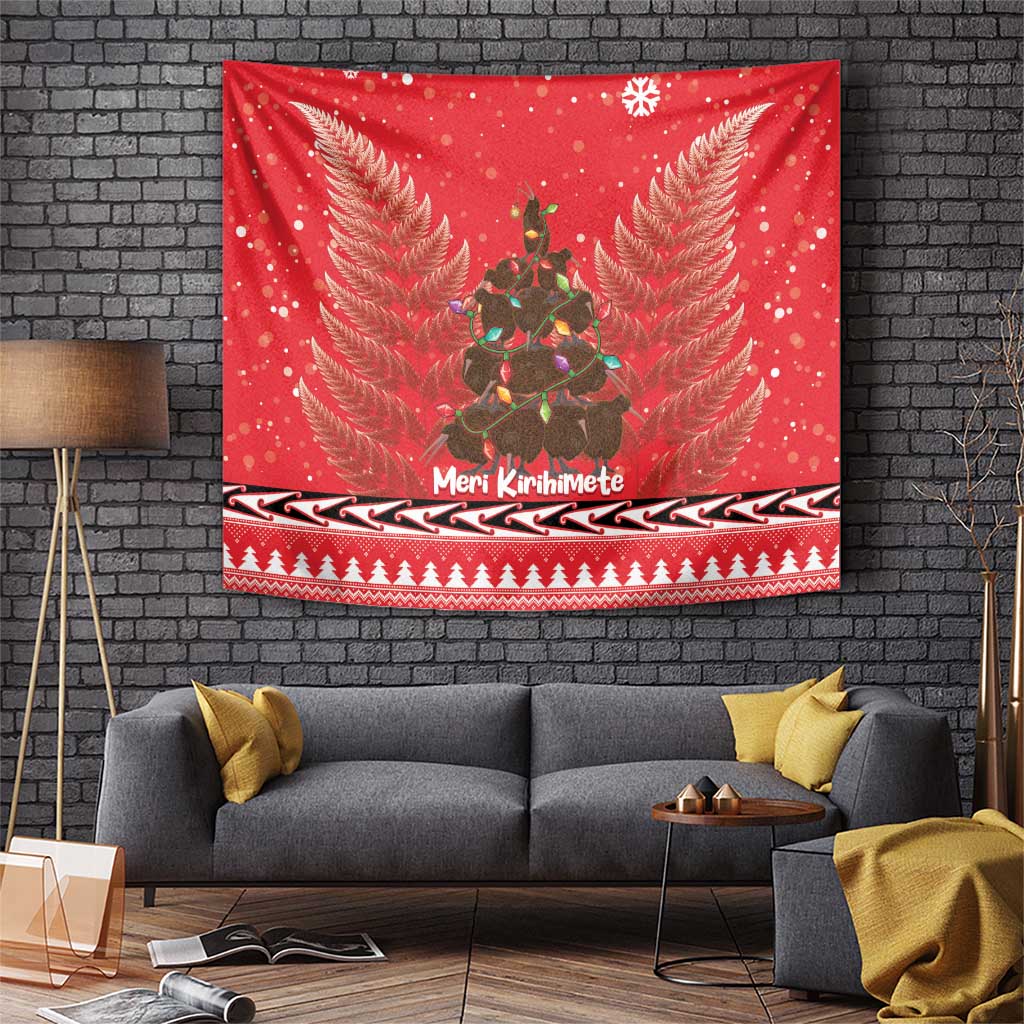 Kiwi New Zealand Christmas Tapestry Meri Kirihimete Silver Fern - Red Color