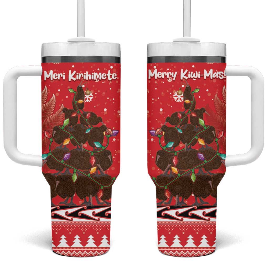 Kiwi New Zealand Christmas Tumbler With Handle Meri Kirihimete Silver Fern - Red Color LT14 One Size: 40 oz Red - Polynesian Pride