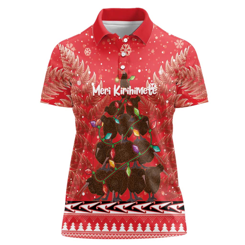 Kiwi New Zealand Christmas Women Polo Shirt Meri Kirihimete Silver Fern - Red Color