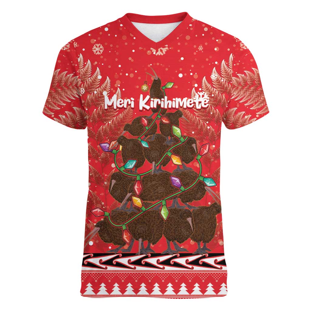 Kiwi New Zealand Christmas Women V-Neck T-Shirt Meri Kirihimete Silver Fern - Red Color