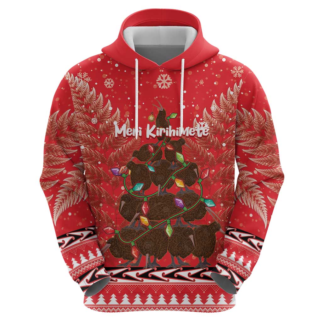 Kiwi New Zealand Christmas Zip Hoodie Meri Kirihimete Silver Fern - Red Color