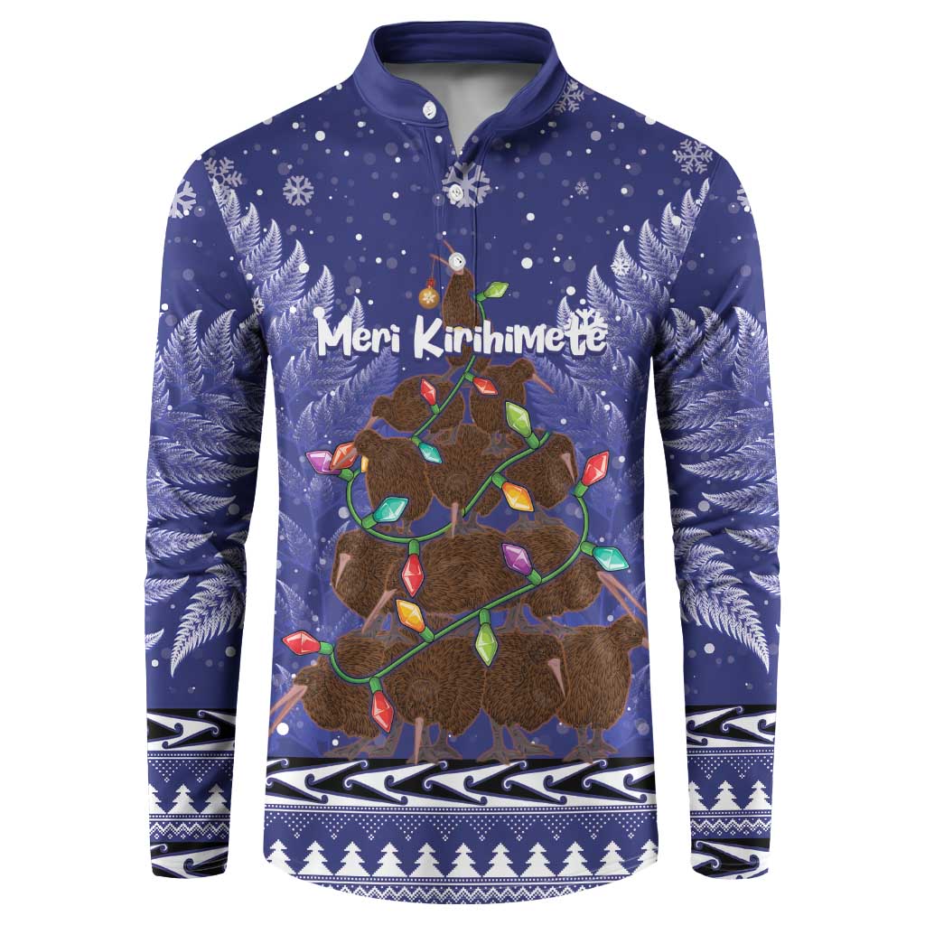 Kiwi New Zealand Christmas Button Sweatshirt Meri Kirihimete Silver Fern - Blue Color LT14 Blue - Polynesian Pride