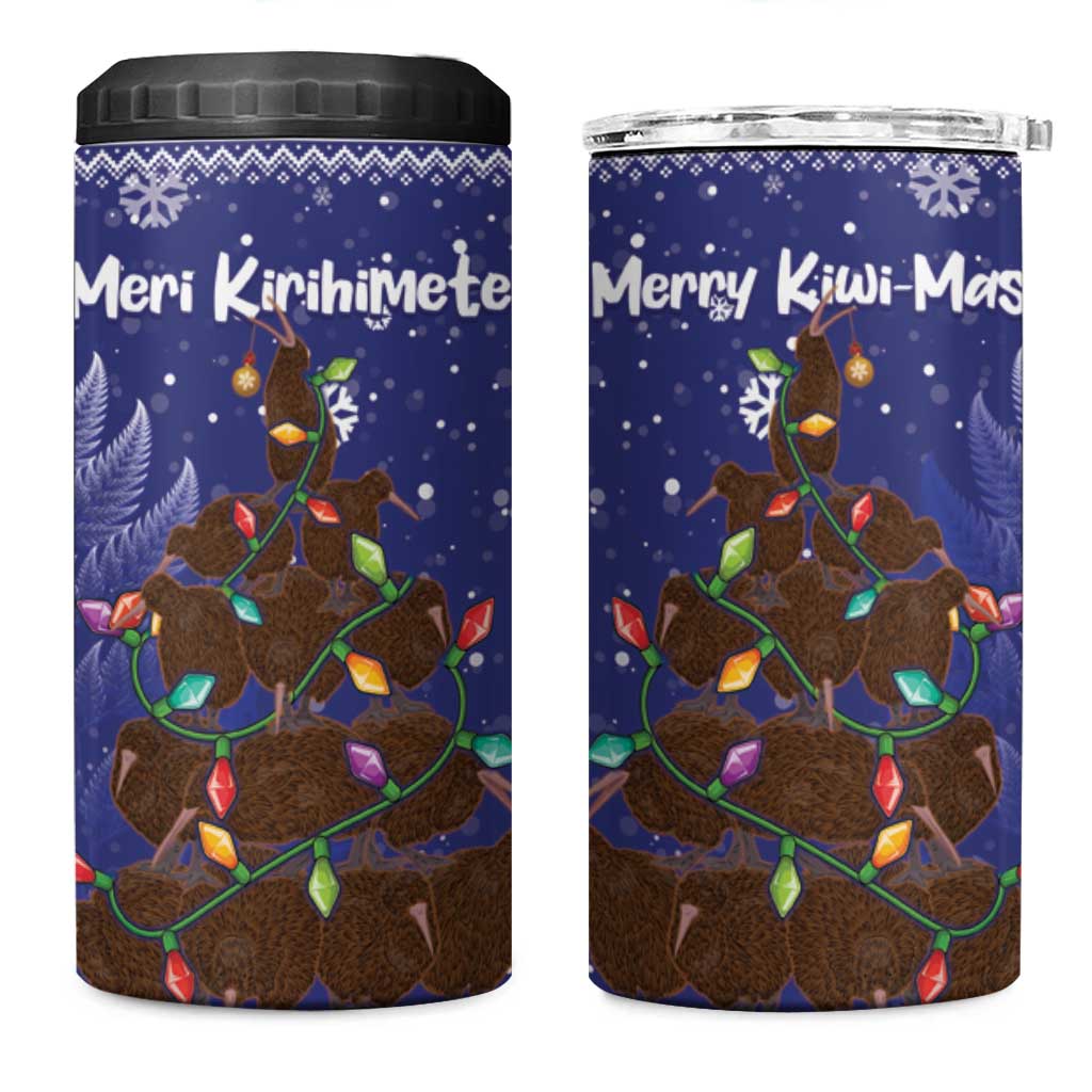 Kiwi New Zealand Christmas 4 in 1 Can Cooler Tumbler Meri Kirihimete Silver Fern - Blue Color