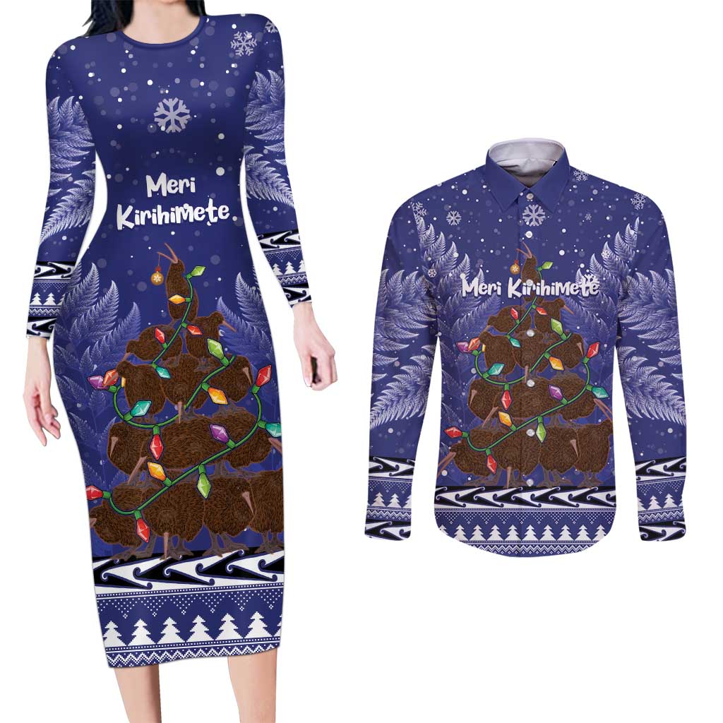 Kiwi New Zealand Christmas Couples Matching Long Sleeve Bodycon Dress and Long Sleeve Button Shirt Meri Kirihimete Silver Fern - Blue Color