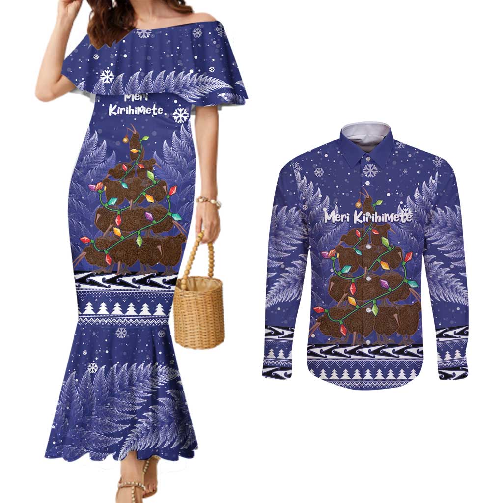 Kiwi New Zealand Christmas Couples Matching Mermaid Dress and Long Sleeve Button Shirt Meri Kirihimete Silver Fern - Blue Color LT14 Blue - Polynesian Pride