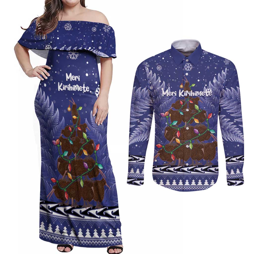 Kiwi New Zealand Christmas Couples Matching Off Shoulder Maxi Dress and Long Sleeve Button Shirt Meri Kirihimete Silver Fern - Blue Color