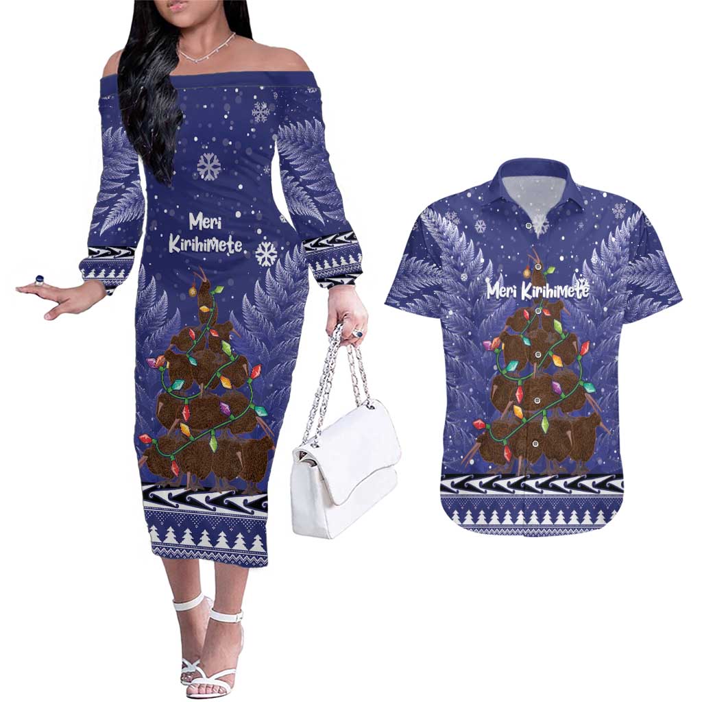 Kiwi New Zealand Christmas Couples Matching Off The Shoulder Long Sleeve Dress and Hawaiian Shirt Meri Kirihimete Silver Fern - Blue Color