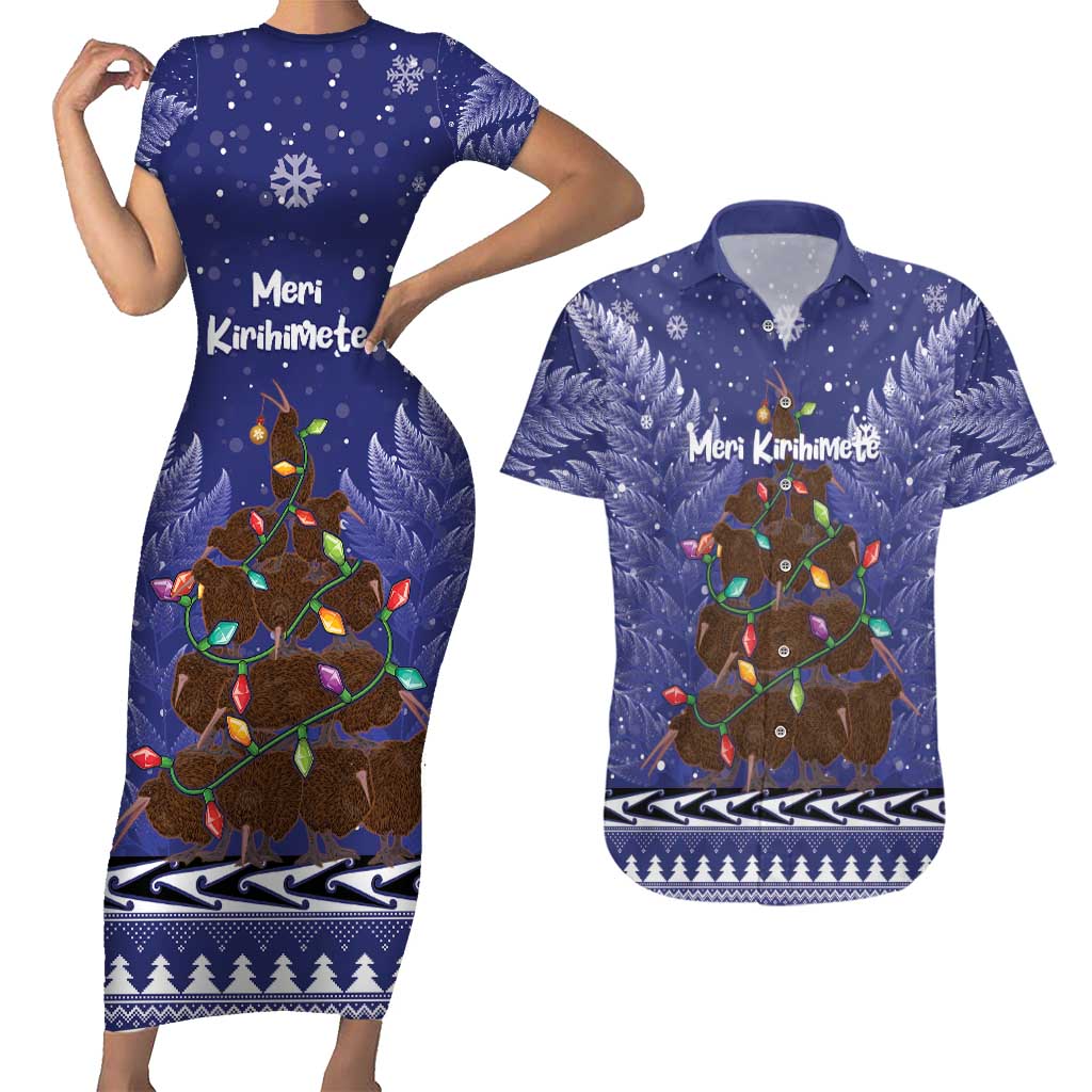 Kiwi New Zealand Christmas Couples Matching Short Sleeve Bodycon Dress and Hawaiian Shirt Meri Kirihimete Silver Fern - Blue Color LT14 Blue - Polynesian Pride