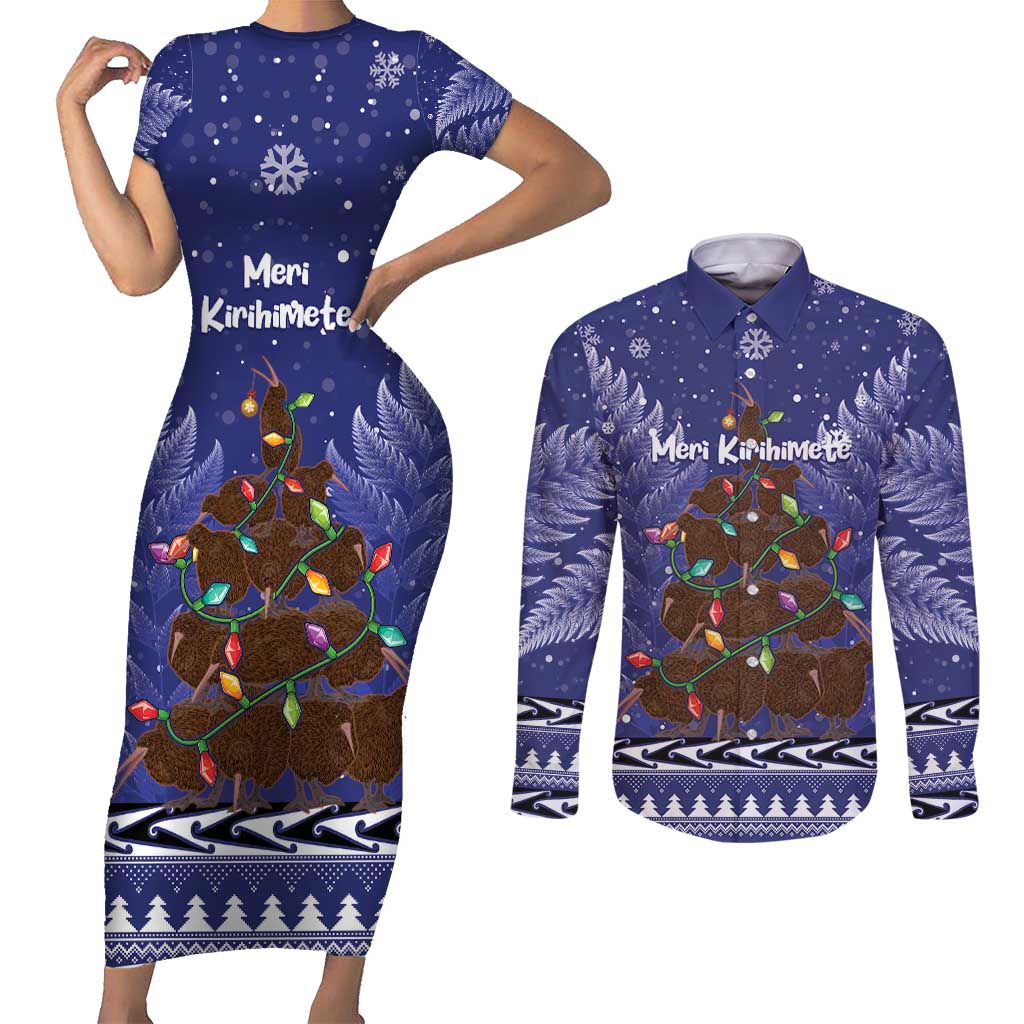 Kiwi New Zealand Christmas Couples Matching Short Sleeve Bodycon Dress and Long Sleeve Button Shirt Meri Kirihimete Silver Fern - Blue Color